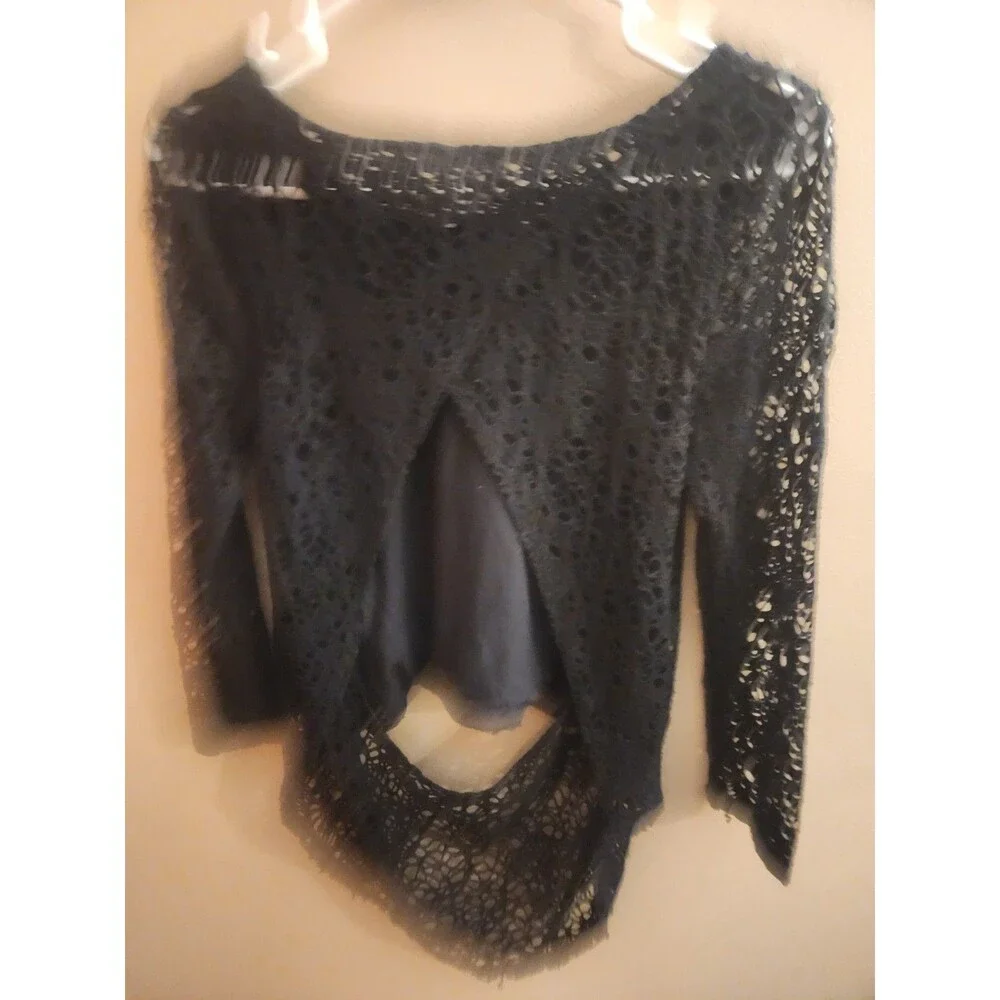 Free People Open Criss Cross Back Crochet Lace Top Blouse Black Size XS